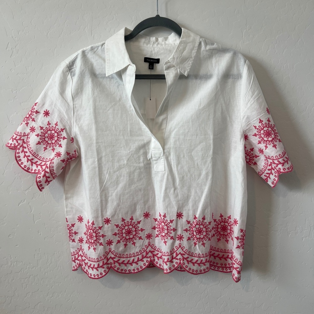 Talbots Linen Top Women M White Pink Embroidered Scallop Edge Short Sleeve NWT